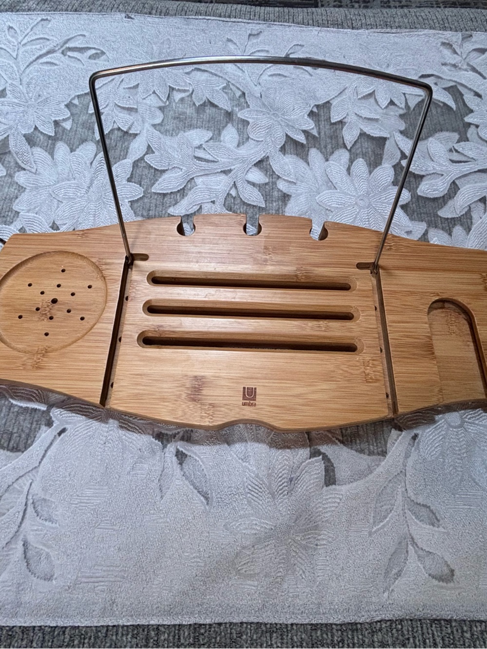 Umbra Bamboo Bathtub Caddy Tray Wine Book Tablet Phone Soap Holder Wire Handles